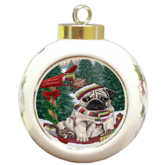 Merry Christmas Woodland Sled Pug Dog Round Ball Christmas Ornament RBPOR55361