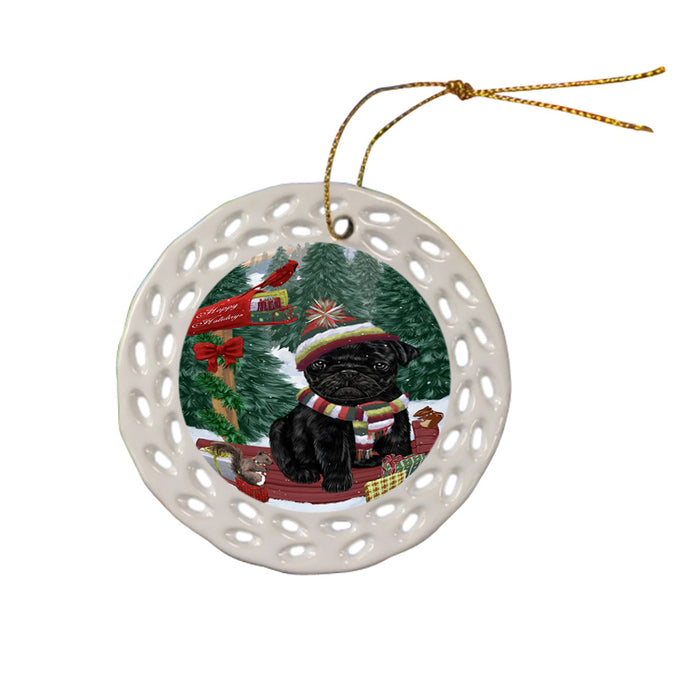 Merry Christmas Woodland Sled Pug Dog Ceramic Doily Ornament DPOR55362