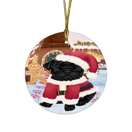 Christmas Gingerbread House Candyfest Pug Dog Round Flat Christmas Ornament RFPOR56844