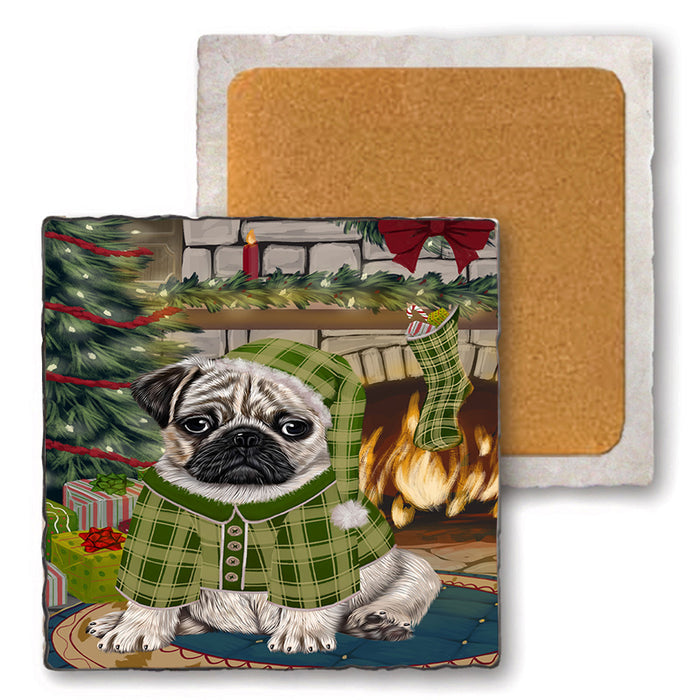 The Stocking was Hung Pug Dog Set of 4 Natural Stone Marble Tile Coasters MCST50572