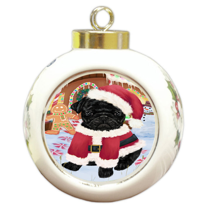 Christmas Gingerbread House Candyfest Pug Dog Round Ball Christmas Ornament RBPOR56844