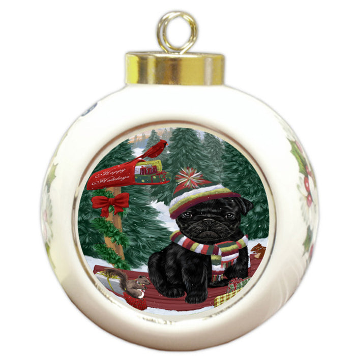 Merry Christmas Woodland Sled Pug Dog Round Ball Christmas Ornament RBPOR55362