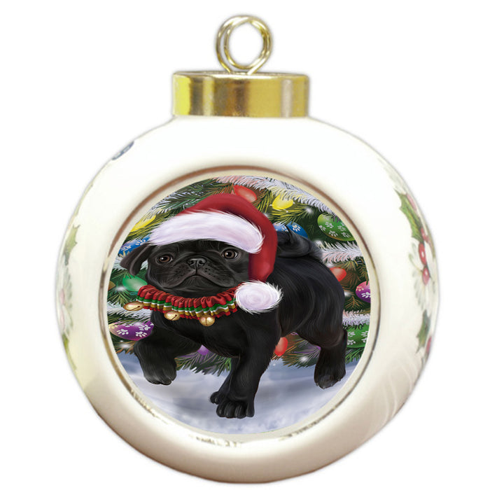 Trotting in the Snow Pug Dog Round Ball Christmas Ornament RBPOR57015