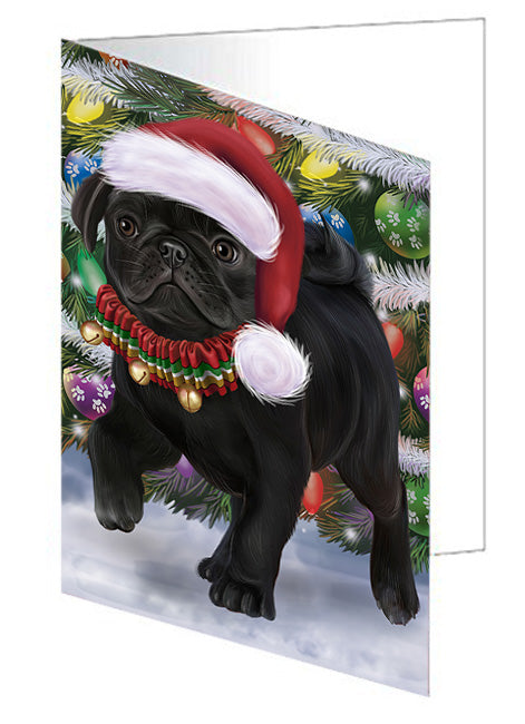 Trotting in the Snow Pug Dog Handmade Artwork Assorted Pets Greeting Cards and Note Cards with Envelopes for All Occasions and Holiday Seasons GCD74492
