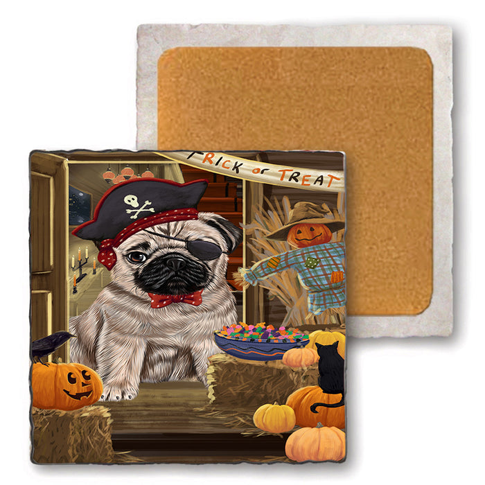 Enter at Own Risk Trick or Treat Halloween Pug Dog Set of 4 Natural Stone Marble Tile Coasters MCST48231