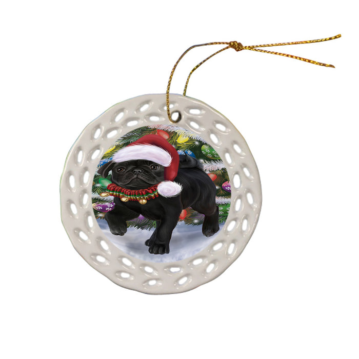 Trotting in the Snow Pug Dog Ceramic Doily Ornament DPOR57015