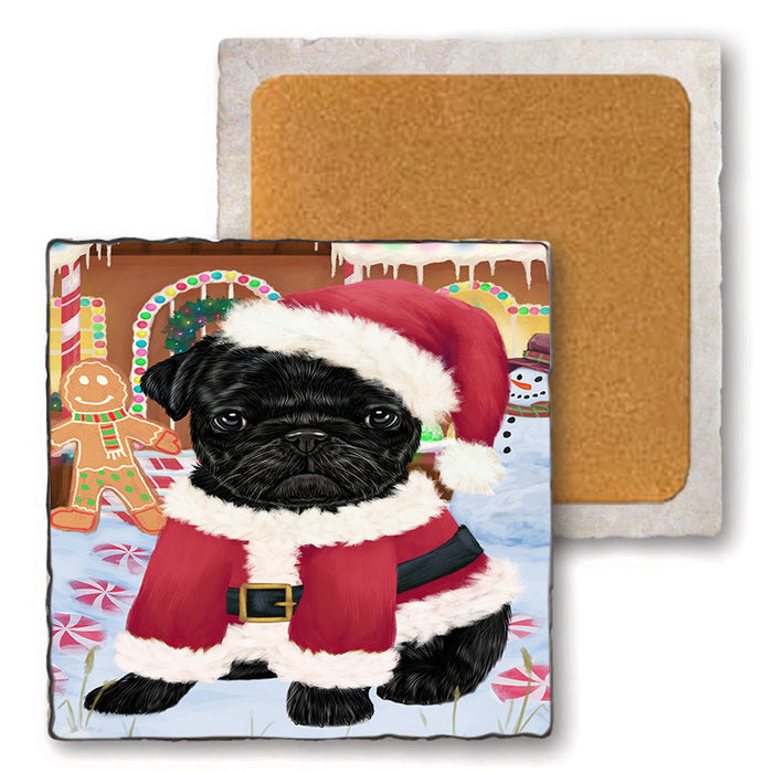 Christmas Gingerbread House Candyfest Pug Dog Set of 4 Natural Stone Marble Tile Coasters MCST51488