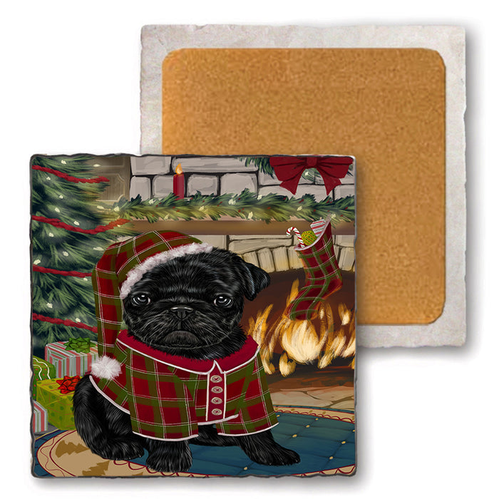The Stocking was Hung Pug Dog Set of 4 Natural Stone Marble Tile Coasters MCST50573