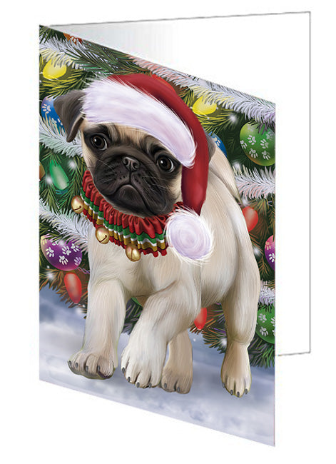 Trotting in the Snow Pug Dog Handmade Artwork Assorted Pets Greeting Cards and Note Cards with Envelopes for All Occasions and Holiday Seasons GCD74495