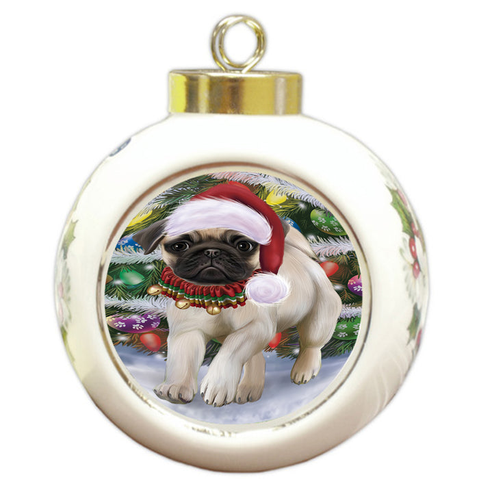 Trotting in the Snow Pug Dog Round Ball Christmas Ornament RBPOR57016
