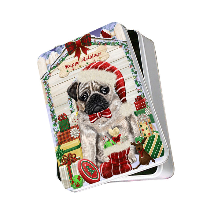 Happy Holidays Christmas Pug Dog House With Presents Photo Storage Tin PITN51483