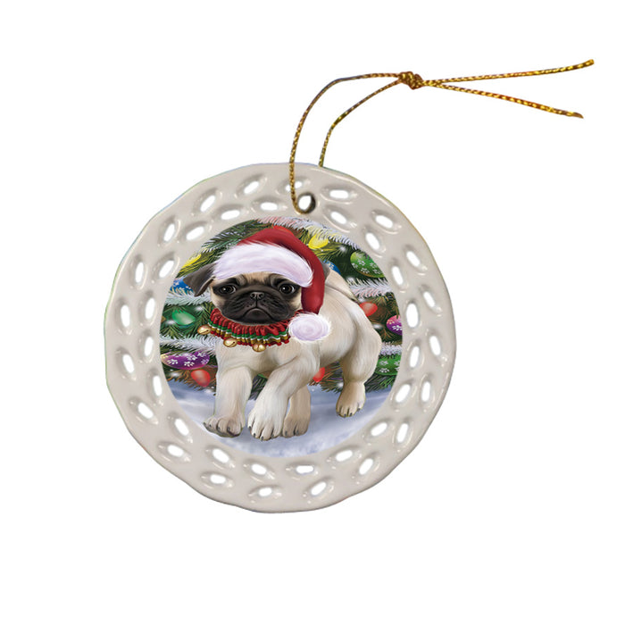 Trotting in the Snow Pug Dog Ceramic Doily Ornament DPOR57016
