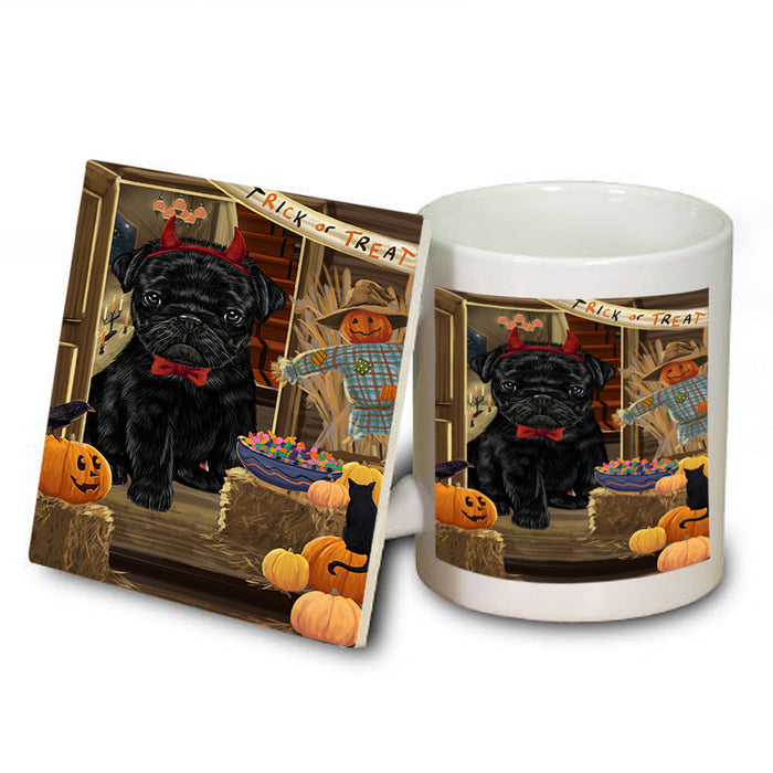Enter at Own Risk Trick or Treat Halloween Pug Dog Mug and Coaster Set MUC53224