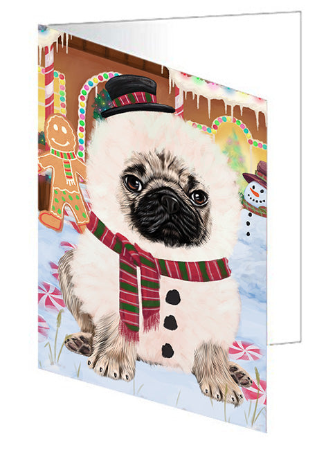 Christmas Gingerbread House Candyfest Pug Dog Handmade Artwork Assorted Pets Greeting Cards and Note Cards with Envelopes for All Occasions and Holiday Seasons GCD73982