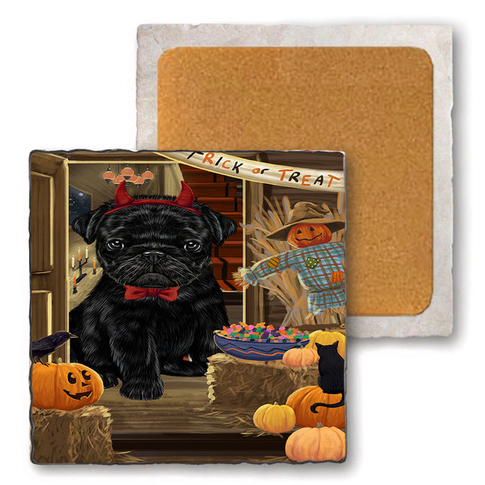 Enter at Own Risk Trick or Treat Halloween Pug Dog Set of 4 Natural Stone Marble Tile Coasters MCST48232