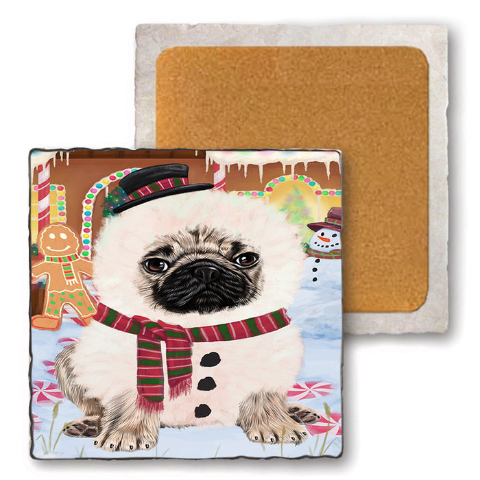 Christmas Gingerbread House Candyfest Pug Dog Set of 4 Natural Stone Marble Tile Coasters MCST51489