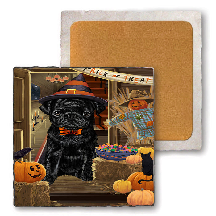 Enter at Own Risk Trick or Treat Halloween Pug Dog Set of 4 Natural Stone Marble Tile Coasters MCST48233