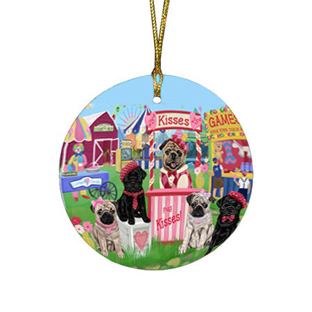 Carnival Kissing Booth Pugs Dog Round Flat Christmas Ornament RFPOR56271