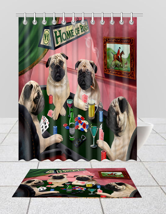 Home of  Pug Dogs Playing Poker Bath Mat and Shower Curtain Combo