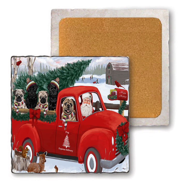 Christmas Santa Express Delivery Pugs Dog Family Set of 4 Natural Stone Marble Tile Coasters MCST50057