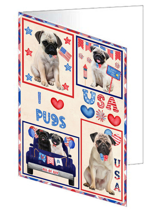 4th of July Independence Day I Love USA Pug Dogs Handmade Artwork Assorted Pets Greeting Cards and Note Cards with Envelopes for All Occasions and Holiday Seasons