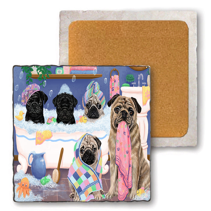 Rub A Dub Dogs In A Tub Pugs Dog Set of 4 Natural Stone Marble Tile Coasters MCST51811