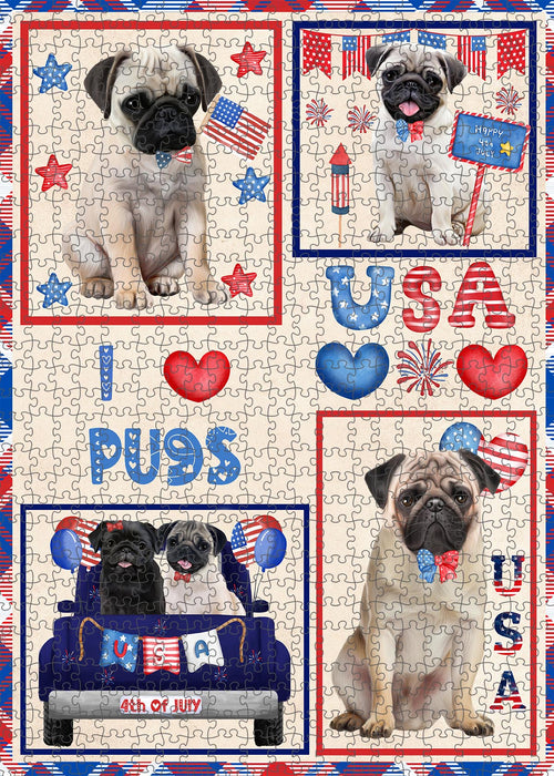 4th of July Independence Day I Love USA Pug Dogs Portrait Jigsaw Puzzle for Adults Animal Interlocking Puzzle Game Unique Gift for Dog Lover's with Metal Tin Box