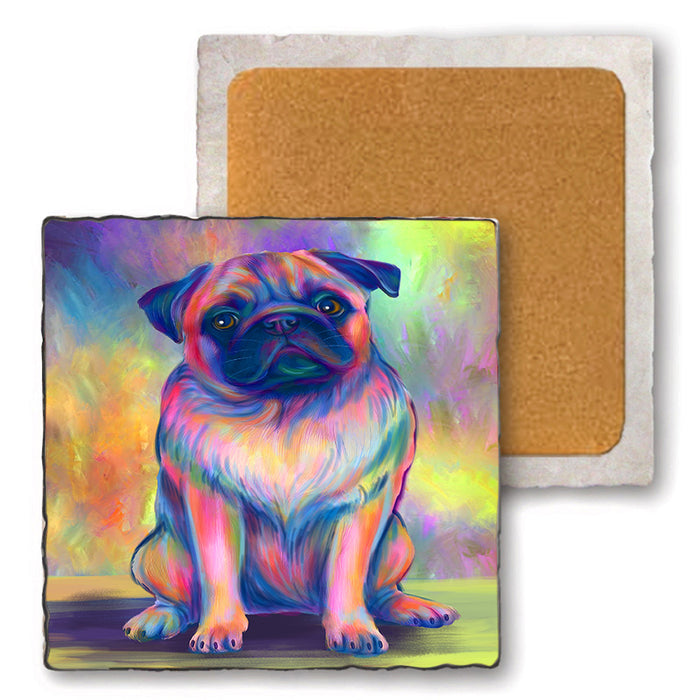 Paradise Wave Pug Dog Set of 4 Natural Stone Marble Tile Coasters MCST51726