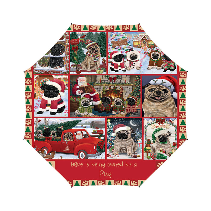 Love is Being Owned Christmas Pug Dogs Semi-Automatic Foldable Umbrella
