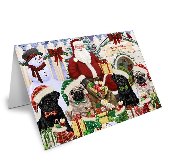 Happy Holidays Christmas Pugs Dog House Gathering Handmade Artwork Assorted Pets Greeting Cards and Note Cards with Envelopes for All Occasions and Holiday Seasons GCD58409