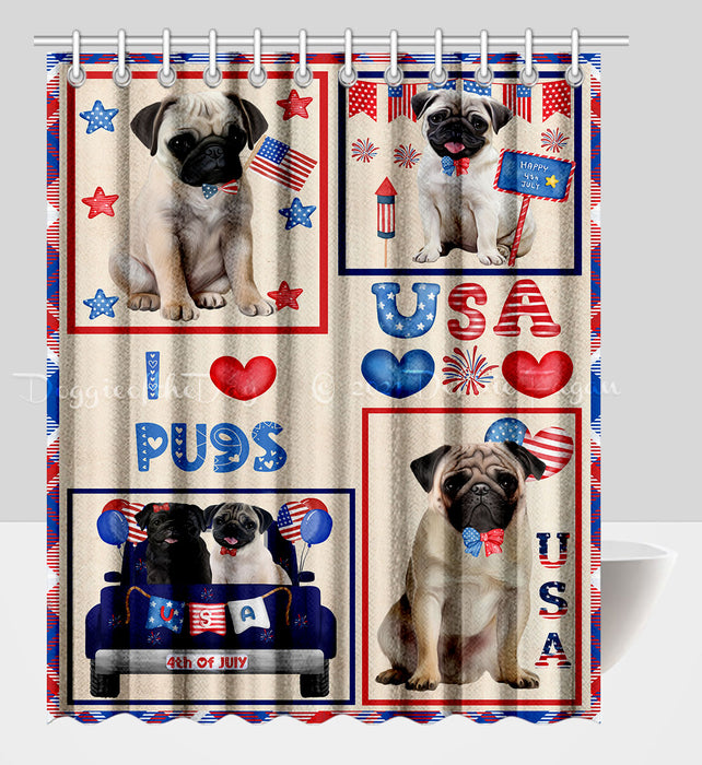 4th of July Independence Day I Love USA Pug Dogs Shower Curtain Pet Painting Bathtub Curtain Waterproof Polyester One-Side Printing Decor Bath Tub Curtain for Bathroom with Hooks