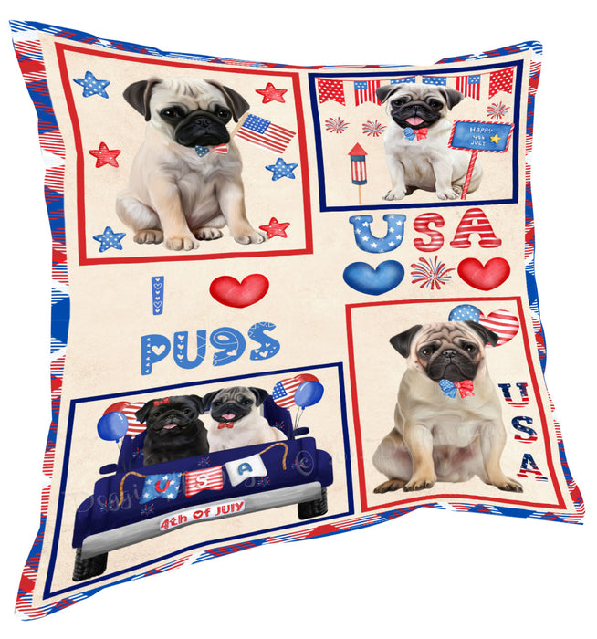 4th of July Independence Day I Love USA Pug Dogs Pillow with Top Quality High-Resolution Images - Ultra Soft Pet Pillows for Sleeping - Reversible & Comfort - Ideal Gift for Dog Lover - Cushion for Sofa Couch Bed - 100% Polyester