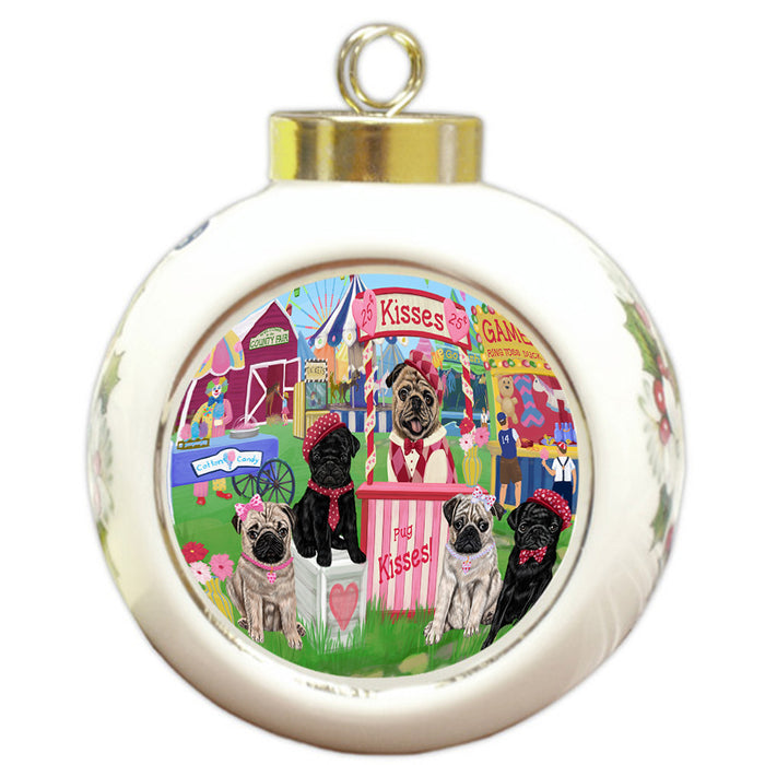 Carnival Kissing Booth Pugs Dog Round Ball Christmas Ornament RBPOR56271