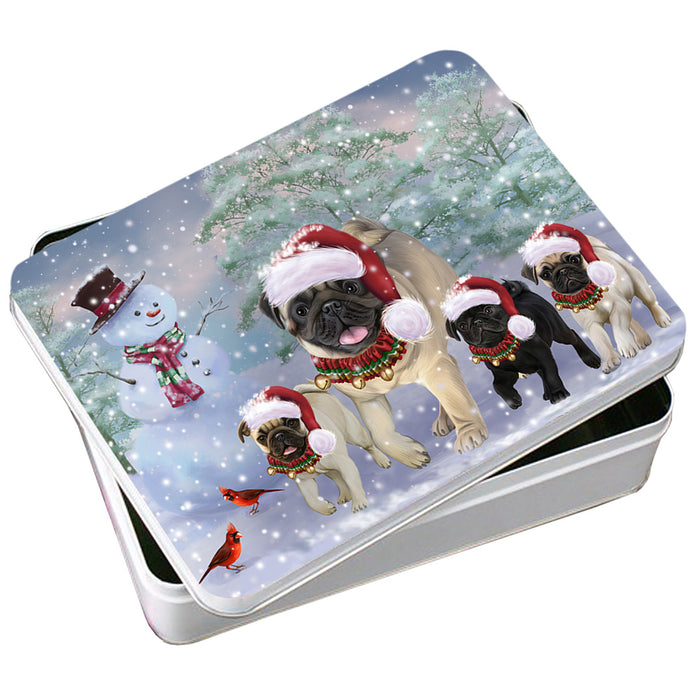 Christmas Running Family Pugs Dog Photo Storage Tin PITN56582