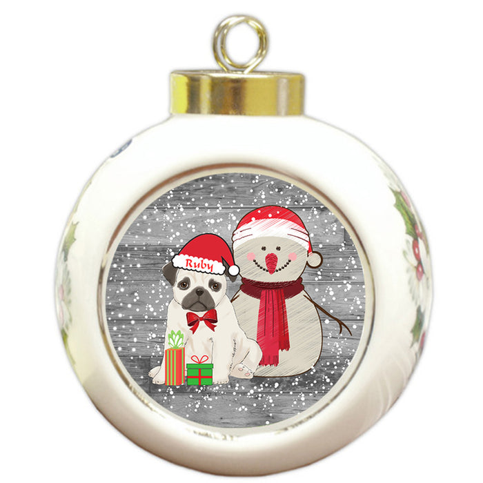 Custom Personalized Snowy Snowman and Pug Dog Christmas Round Ball Ornament