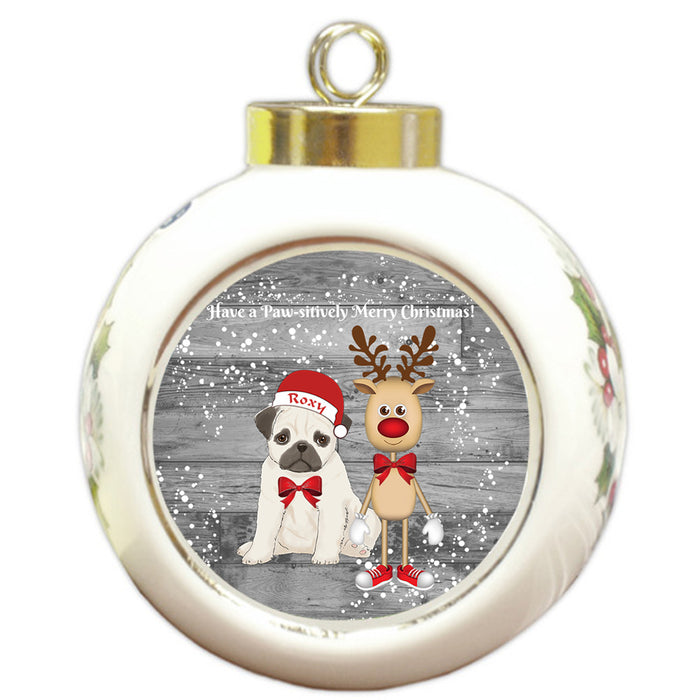 Custom Personalized Pug Dog Reindeer and Pooch Christmas Round Ball Ornament