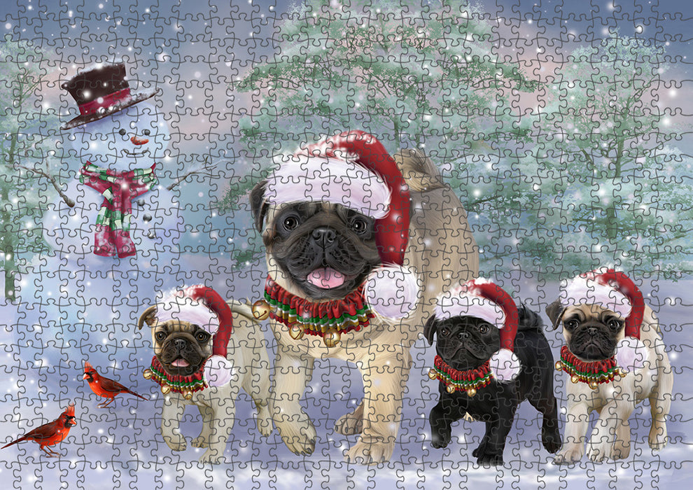 Christmas Running Family Pugs Dog Puzzle with Photo Tin PUZL94756