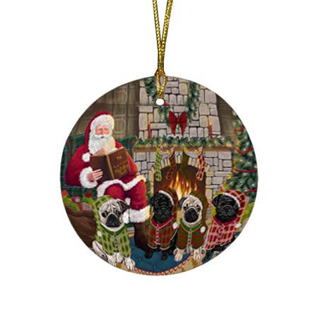 Christmas Cozy Holiday Tails Pugs Dog Round Flat Christmas Ornament RFPOR55734