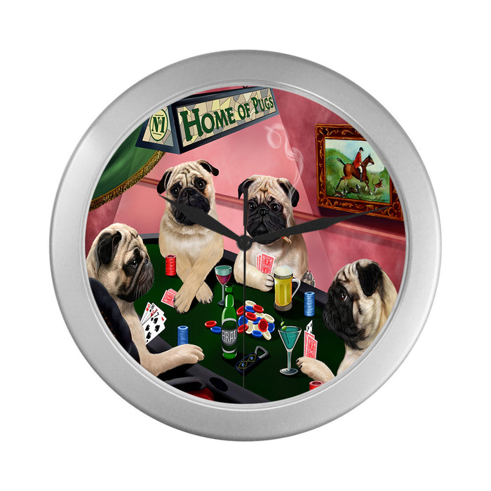 Home of Pug Dogs Playing Poker Silver Wall Clocks