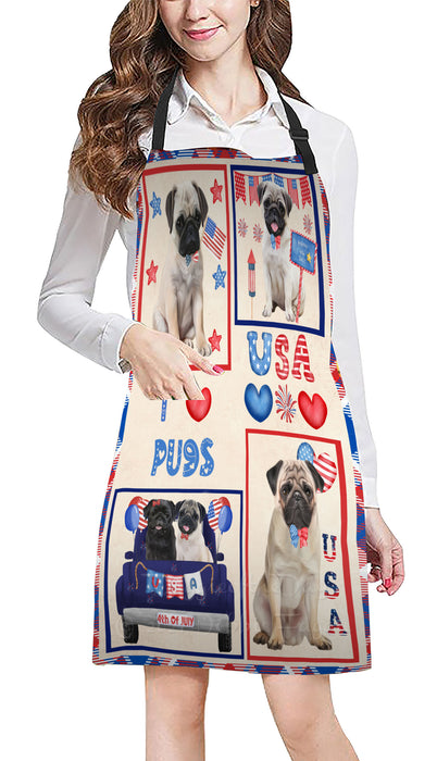 4th of July Independence Day I Love USA Pug Dogs Apron - Adjustable Long Neck Bib for Adults - Waterproof Polyester Fabric With 2 Pockets - Chef Apron for Cooking, Dish Washing, Gardening, and Pet Grooming