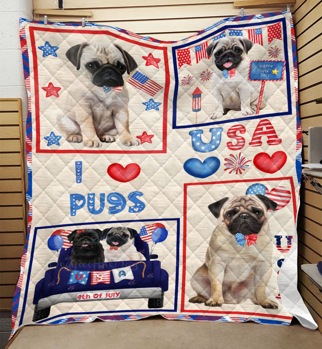 4th of July Independence Day I Love USA Pug Dogs Quilt Bed Coverlet Bedspread - Pets Comforter Unique One-side Animal Printing - Soft Lightweight Durable Washable Polyester Quilt