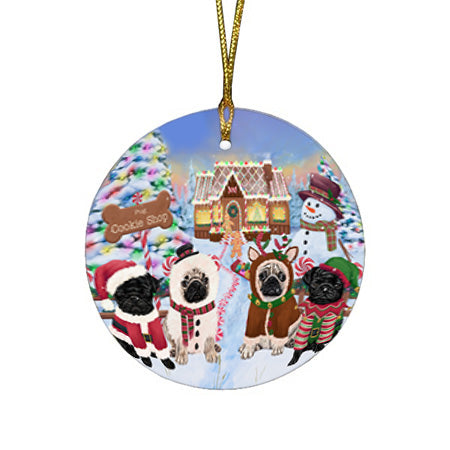 Holiday Gingerbread Cookie Shop Pugs Dog Round Flat Christmas Ornament RFPOR56868