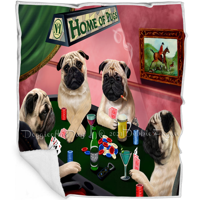 Home of Pugs 4 Dogs Playing Poker Blanket