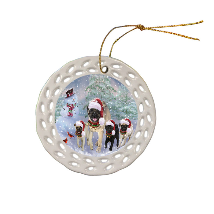 Christmas Running Family Pugs Dog Ceramic Doily Ornament DPOR56995