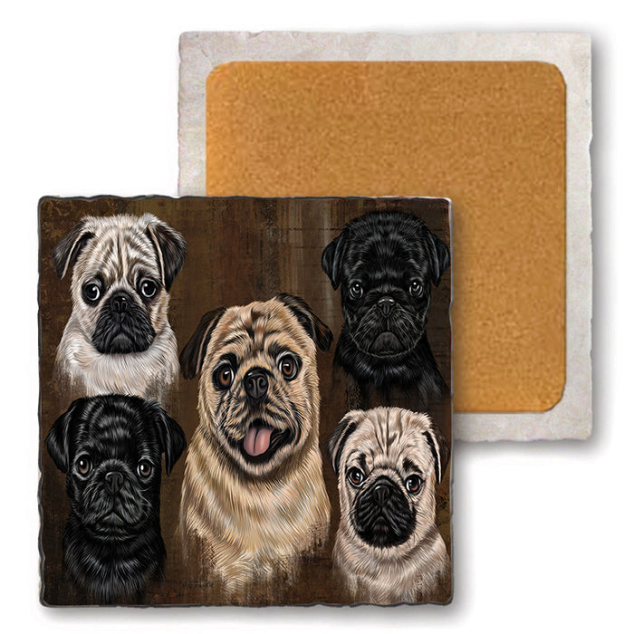 Rustic 5 Pug Dog Set of 4 Natural Stone Marble Tile Coasters MCST49143