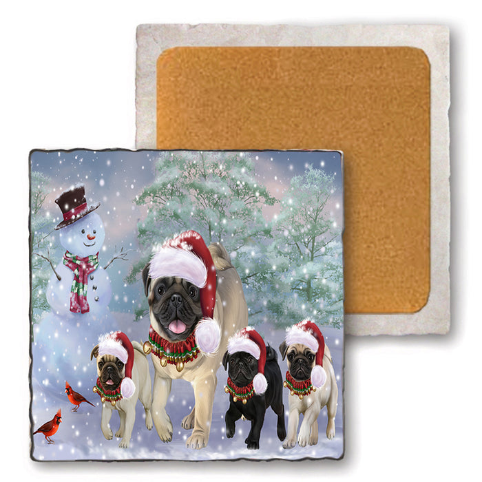 Christmas Running Family Pugs Dog Set of 4 Natural Stone Marble Tile Coasters MCST51639