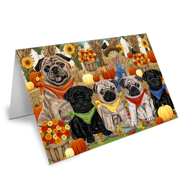 Fall Festive Gathering Pugs Dog with Pumpkins Handmade Artwork Assorted Pets Greeting Cards and Note Cards with Envelopes for All Occasions and Holiday Seasons GCD56414