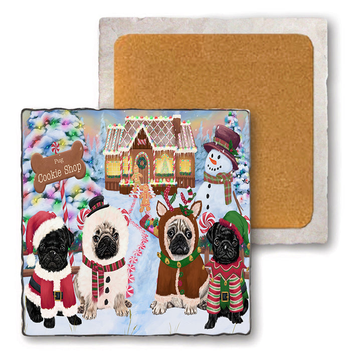 Holiday Gingerbread Cookie Shop Pugs Dog Set of 4 Natural Stone Marble Tile Coasters MCST51512