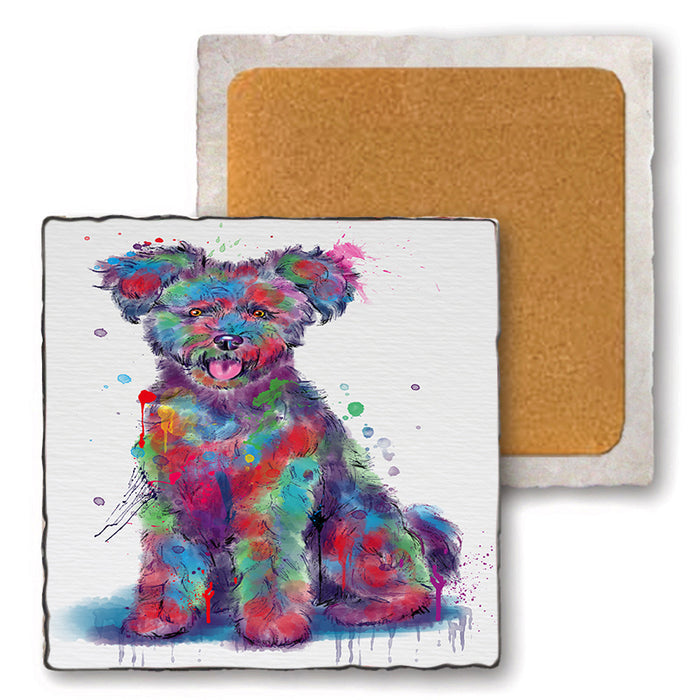 Watercolor Pumi Dog Set of 4 Natural Stone Marble Tile Coasters MCST52562