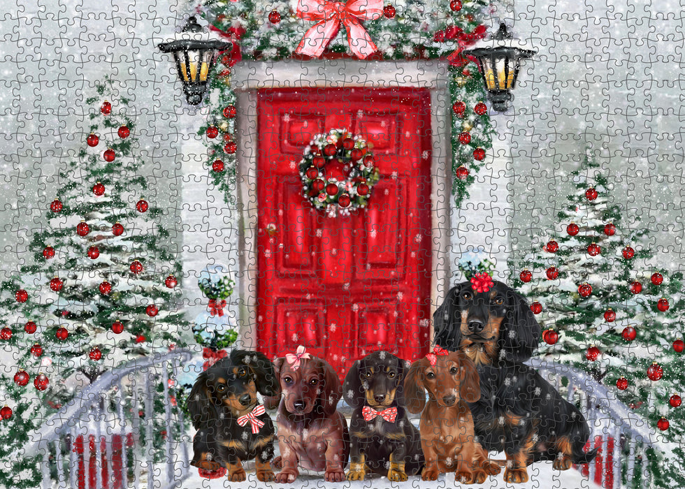 Christmas Holiday Welcome Red Door Dachshund Dog Puzzle with Photo Tin